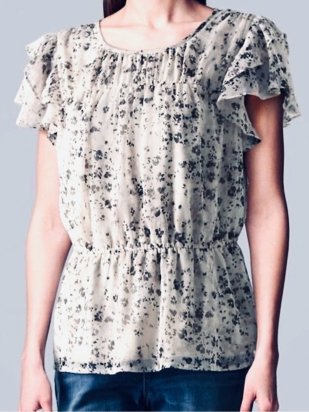 Simply Vera Vera Wang Floral Ruffle Blouse - Gray and White